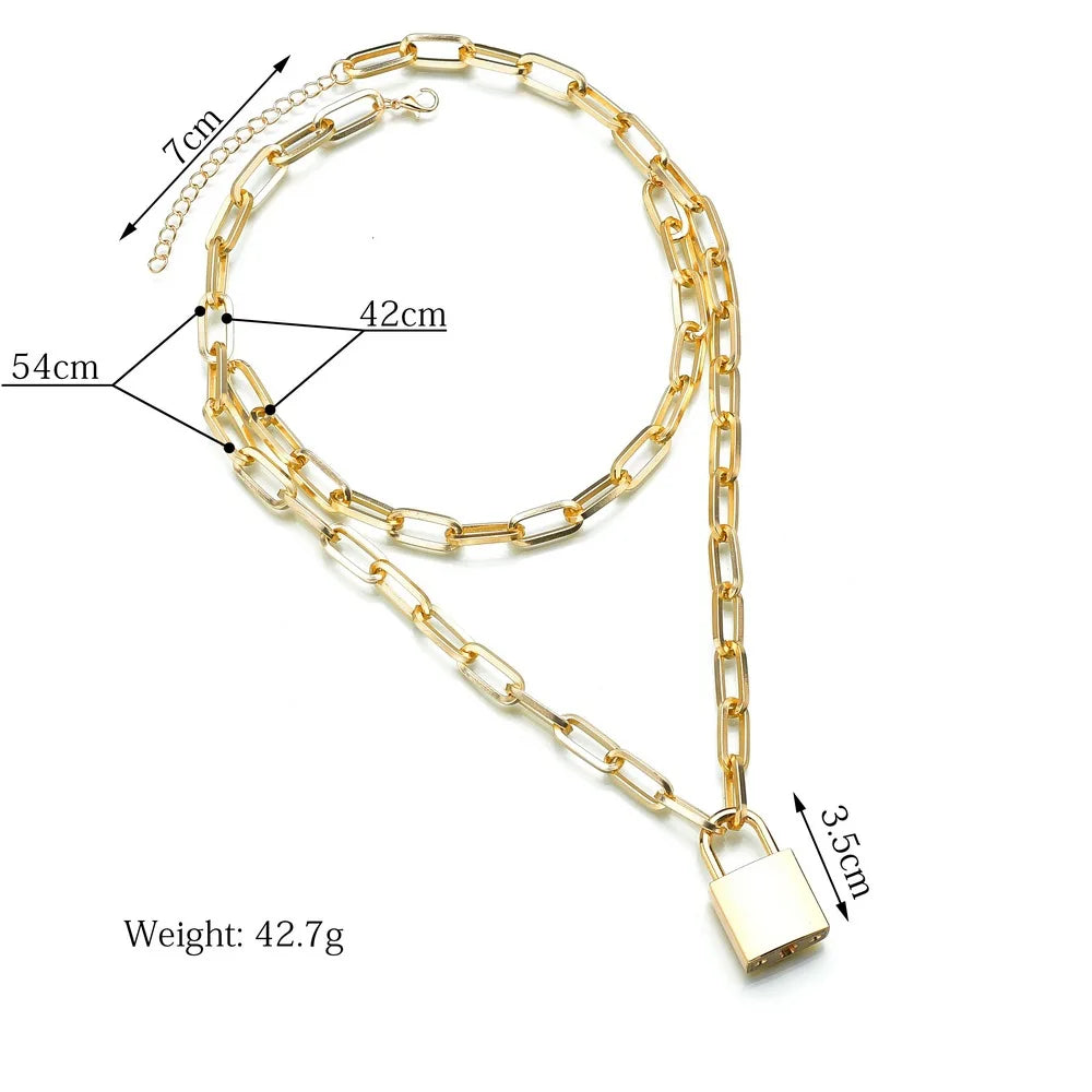 Fashion Double Layer Lock Gold Silver Color Chain Necklace Men Punk Link Chain Padlock Pendant Necklace for Women Jewelry - MONVRCH