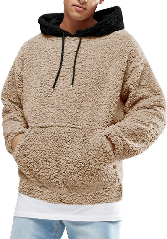 Mens Fuzzy Sherpa Pullover Hoodie Sweatshirts Long Sleeve Sport Front Pocket Military Fall Outwear Winter Hooded - MONVRCH